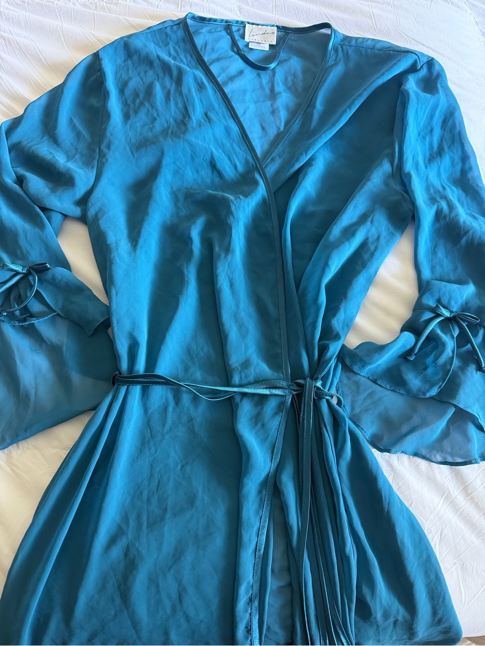 Vintage 2000s Linda Lingerie Teal Sheer Wrap Robe with Satin Bow Details